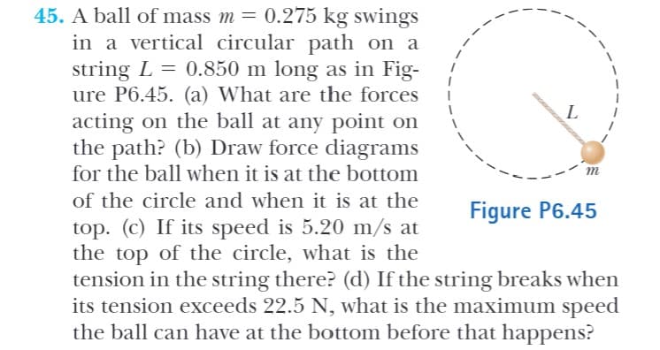 45. A ball of mass m = 0.275 kg swings
in a vertical circular path on a
string L = 0.850 m long as in Fig-
ure P6.45. (a) What are the forces
acting on the ball at any point on
the path? (b) Draw force diagrams
for the ball when it is at the bottom
L
m
of the circle and when it is at the
Figure P6.45
top. (c) If its speed is 5.20 m/s at
the top of the circle, what is the
tension in the string there? (d) If the string breaks when
its tension exceeds 22.5 N, what is the maximum speed
the ball can have at the bottom before that happens?
