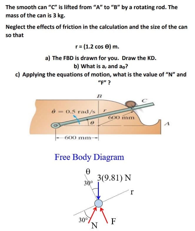 The smooth can "C" is lifted from "A" to “B" by a rotating rod. The
mass of the can is 3 kg.
Neglect the effects of friction in the calculation and the size of the can
so that
r= (1.2 cos e) m.
a) The FBD is drawn for you. Draw the KD.
b) What is a, and ae?
c) Applying the equations of motion, what is the value of "N" and
"F" ?
B
= 0.5 rad/s
600 mm
600 mm-
Free Body Diagram
3(9.81) N
30°
30°
F

