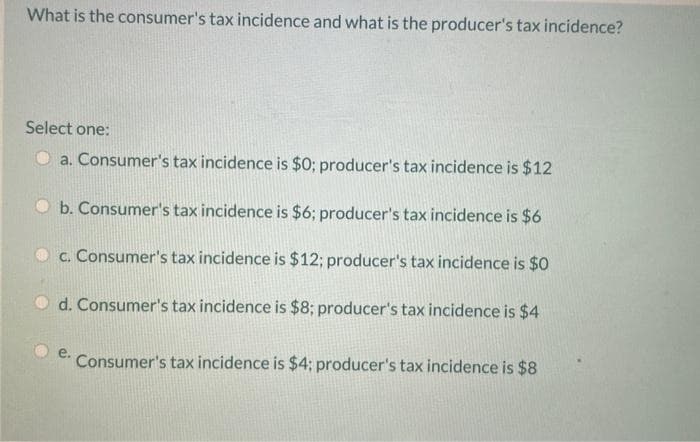 What is the consumer's tax incidence and what is the producer's tax incidence?
Select one:
O a. Consumer's tax incidence is $0; producer's tax incidence is $12
b. Consumer's tax incidence is $6; producer's tax incidence is $6
c. Consumer's tax incidence is $12; producer's tax incidence is $0
d. Consumer's tax incidence is $8; producer's tax incidence is $4
Consumer's tax incidence is $4; producer's tax incidence is $8
