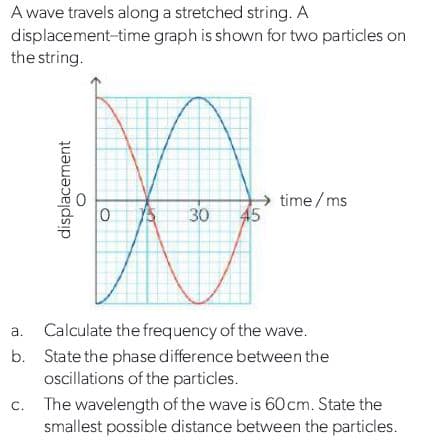 A wave travels along a stretched string. A
displacement-time graph is shown for two particles on
the string.
displacement
0
75
time/ms
30
30
45
a.
Calculate the frequency of the wave.
b. State the phase difference between the
oscillations of the particles.
c. The wavelength of the wave is 60 cm. State the
smallest possible distance between the particles.