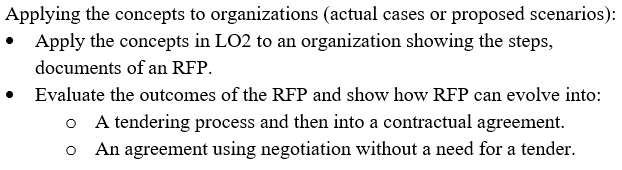 Applying the concepts to organizations (actual cases or proposed scenarios):
Apply the concepts in LO2 to an organization showing the steps,
documents of an RFP.
• Evaluate the outcomes of the RFP and show how RFP can evolve into:
o A tendering process and then into a contractual agreement.
An agreement using negotiation without a need for a tender.
