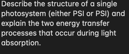 Describe the structure of a single
photosystem (either PSI or PSI) and
explain the two energy transfer
processes that occur during light
absorption.
