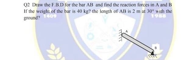 Q2 Draw the F.B.D for the bar AB and find the reaction forces in A and B
If the weight of the bar is 40 kg? the length of AB is 2 m at 30° with the
ground? 409
1988
