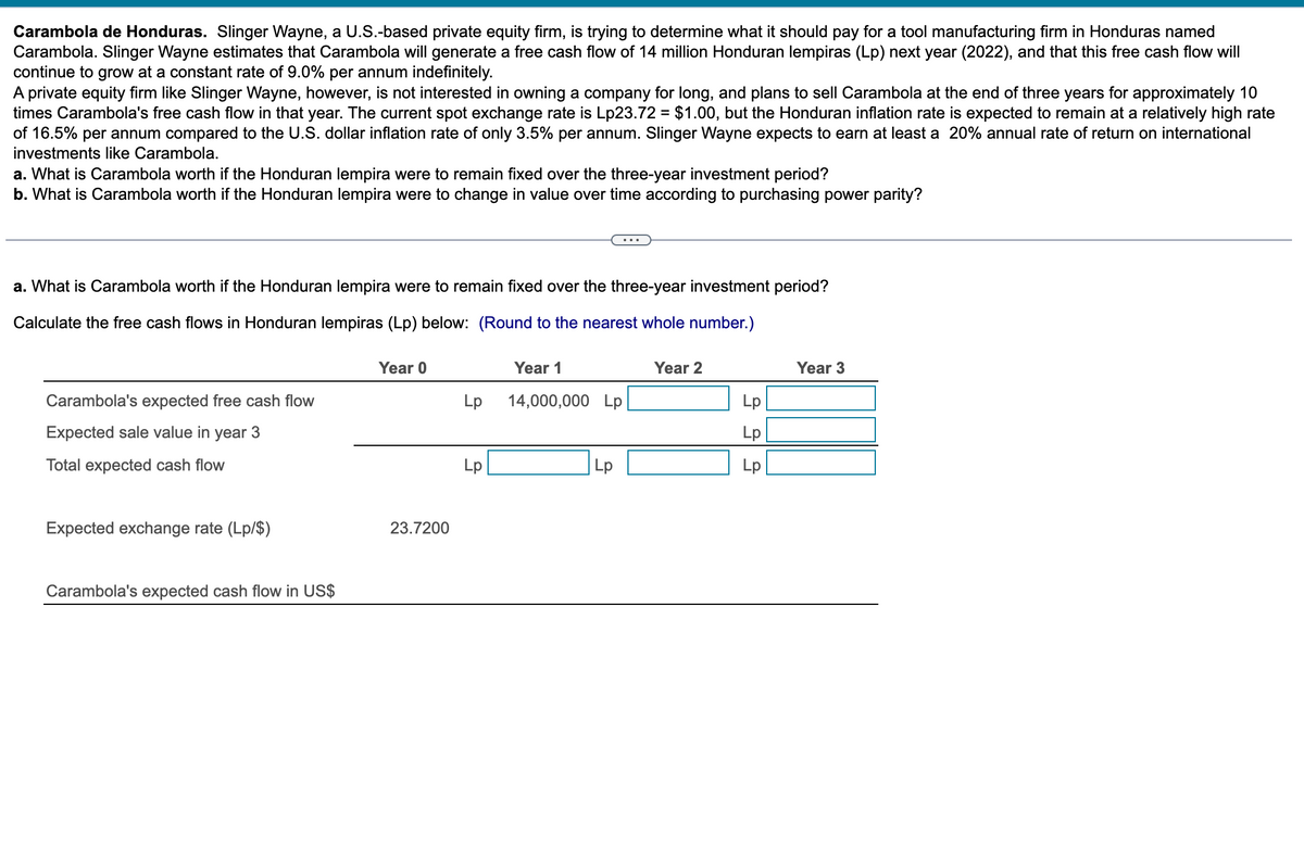 Carambola de Honduras. Slinger Wayne, a U.S.-based private equity firm, is trying to determine what it should pay for a tool manufacturing firm in Honduras named
Carambola. Slinger Wayne estimates that Carambola will generate a free cash flow of 14 million Honduran lempiras (Lp) next year (2022), and that this free cash flow will
continue to grow at a constant rate of 9.0% per annum indefinitely.
A private equity firm like Slinger Wayne, however, is not interested in owning a company for long, and plans to sell Carambola at the end of three years for approximately 10
times Carambola's free cash flow in that year. The current spot exchange rate is Lp23.72 = $1.00, but the Honduran inflation rate is expected to remain at a relatively high rate
of 16.5% per annum compared to the U.S. dollar inflation rate of only 3.5% per annum. Slinger Wayne expects to earn at least a 20% annual rate of return on international
investments like Carambola.
a. What is Carambola worth if the Honduran lempira were to remain fixed over the three-year investment period?
b. What is Carambola worth if the Honduran lempira were to change in value over time according to purchasing power parity?
a. What is Carambola worth if the Honduran lempira were to remain fixed over the three-year investment period?
Calculate the free cash flows in Honduran lempiras (Lp) below: (Round to the nearest whole number.)
Year 0
Year 1
Year 2
Year 3
Carambola's expected free cash flow
Lp
14,000,000 Lp
Lp
Expected sale value in year 3
Lp
Total expected cash flow
Lp
Lp
Lp
Expected exchange rate (Lp/$)
Carambola's expected cash flow in US$
23.7200