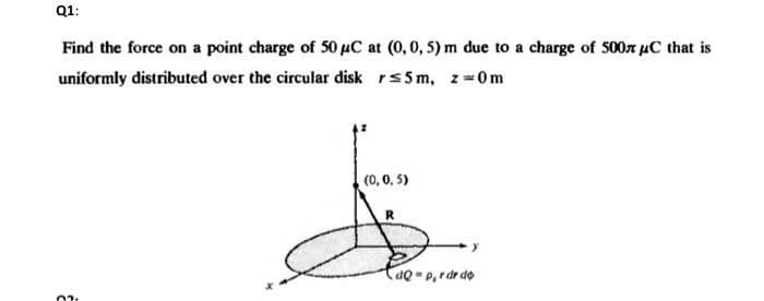 Q1:
Find the force on a point charge of 50 μC at (0, 0, 5) m due to a charge of 500 μC that is
uniformly distributed over the circular disk r≤5m, z=0m
02:
(0, 0, 5)
R
dQ=p, rdr do