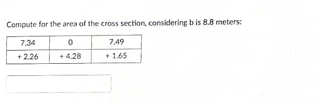 Compute for the area of the cross section, considering b is 8.8 meters:
7.34
7.49
+ 2.26
+ 4.28
+ 1.65
