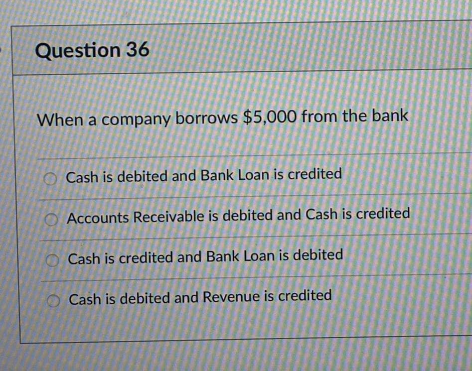 Question 36
When a company borrows $5,000 from the bank
OCash is debited and Bank Loan is credited
Accounts Receivable is debited and Cash is credited
Cash is credited and Bank Loan is debited
Cash is debited and Revenue is credited
O
