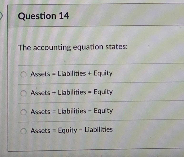 Question 14
The accounting equation states:
Assets Liabilities + Equity
=
Assets + Liabilities - Equity
=
Assets Liabilities - Equity
=
Assets Equity - Liabilities