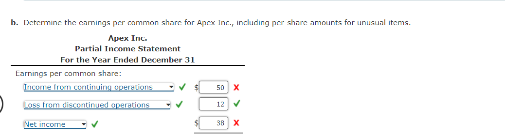 b. Determine the earnings per common share for Apex Inc., including per-share amounts for unusual items.
Apex Inc.
Partial Income Statement
For the Year Ended December 31
Earnings per common share:
Income from continuing operations
Loss from discontinued operations
Net income
$
50 X
12
38
X