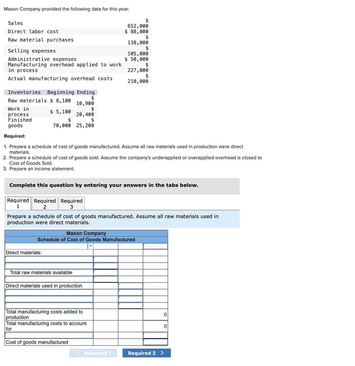 Mason Company provided the following data for this year:
Sales
Direct labor cost
Raw material purchases
Selling expenses
Administrative expenses
Manufacturing overhead applied to work
in process
Actual manufacturing overhead costs
Inventories Beginning Ending
$
Raw materials $ 8,100
10,900
$
$ 5,100
20,400
Work in
process
Finished
goods
$
$
70,000
25,200
Required:
1. Prepare a schedule of cost of goods manufactured. Assume all raw materials used in production were direct
materials.
2. Prepare a schedule of cost of goods sold. Assume the company's underapplied or overapplied overhead is closed to
Cost of Goods Sold.
3. Prepare an income statement.
Required Required Required
1
2
3
Complete this question by entering your answers in the tabs below.
Prepare a schedule of cost of goods manufactured. Assume all raw materials used in
production were direct materials.
Direct materials:
Mason Company
Schedule of Cost of Goods Manufactured
Total raw materials available
Direct materials used in production
$
652,000
$ 88,000
Total manufacturing costs added to
production
$
138,000
$
105,000
$ 50,000
$
227,000
$
210,000
Total manufacturing costs to account
for
Cost of goods manufactured
< Required 1
Required 2 >
0
0