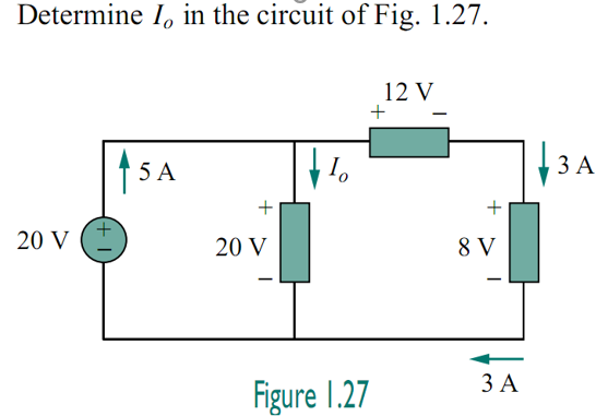 Determine I, in the circuit of Fig. 1.27.
12 V
+
5 A
ЗА
+
+
20 V
20 V
8 V
ЗА
Figure 1.27

