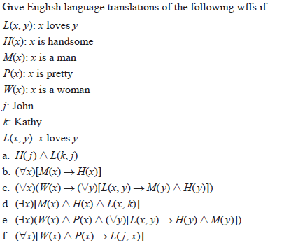 Give English language translations of the following wffs if
L(x, y): x loves y
H(x): x is handsome
M(x): x is a man
P(x): x is pretty
W(x): x is a woman
j: John
k. Kathy
L(x. y): x loves y
а. Н() Л L(#)
b. (Vx)[M(x) → H(x)]
c. (Vx)(W(x) → (Vy)[L(x, y) → M(y) ^H(y)])
d. (3x)[M(x) ^ H(x) ^ L(x, k)]
е. Вx) (W(x) Л Р() Л ()Le, y) — НО) Л М(У))
f. (Vx)[W(x) ^ P(x) →L(j, x)]
