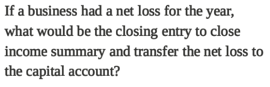 If a business had a net loss for the year,
what would be the closing entry to close
income summary and transfer the net loss to
the capital account?
