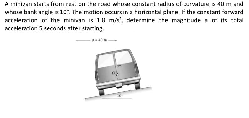 A minivan starts from rest on the road whose constant radius of curvature is 40 m and
whose bank angle is 10°. The motion occurs in a horizontal plane. If the constant forward
acceleration of the minivan is 1.8 m/s2, determine the magnitude a of its total
acceleration 5 seconds after starting.
p = 40 m
10⁰