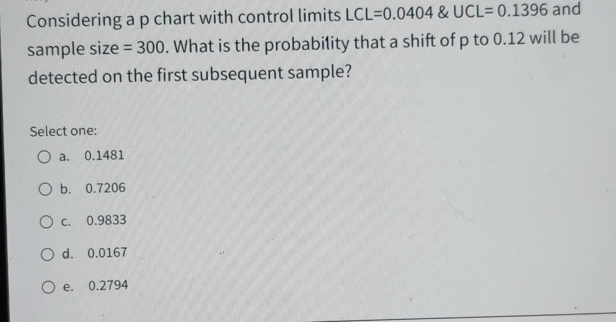 Considering ap chart with control limits LCL=0.0404 & UCL= 0.1396 and
sample size = 300. What is the probability that a shift of p to 0.12 will be
detected on the first subsequent sample?
Select one:
0.1481
O b. 0.7206
0.9833
O d. 0.0167
O e.
0.2794
