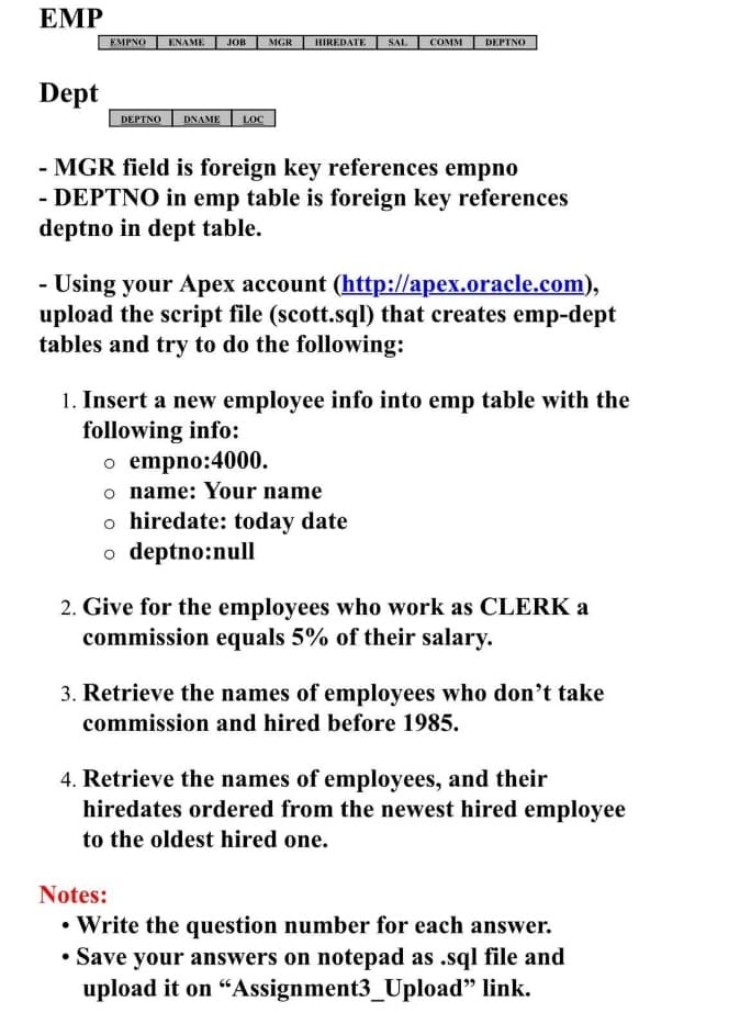 ЕMP
EMPNO
ENAME
JOB
MGR
HIREDATE
SAL
COMM
DEPTNO
Dept
DEPTNO DNAME
LOC
- MGR field is foreign key references empno
- DEPTNO in emp table is foreign key references
deptno in dept table.
- Using your Apex account (http://apex.oracle.com),
upload the script file (scott.sql) that creates emp-dept
tables and try to do the following:
1. Insert a new employee info into emp table with the
following info:
o empno:4000.
o name: Your name
o hiredate: today date
o deptno:null
2. Give for the employees who work as CLERK a
commission equals 5% of their salary.
3. Retrieve the names of employees who don't take
commission and hired before 1985.
4. Retrieve the names of employees, and their
hiredates ordered from the newest hired employee
to the oldest hired one.
Notes:
• Write the question number for each answer.
• Save your answers on notepad as .sql file and
upload it on “Assignment3_Upload" link.
