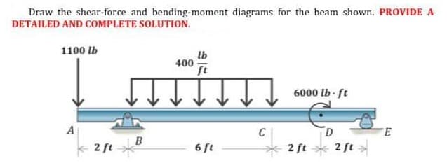 Draw the shear-force and bending-moment diagrams for the beam shown. PROVIDE A
DETAILED AND COMPLETE SOLUTION.
1100 lb
lb
400
6000 lb-ft
D
2 ft
B
6 ft
C
2 ft
2 ft
E
