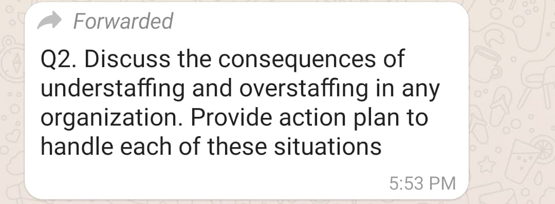 Forwarded
Q2. Discuss the consequences of
understaffing and overstaffing in any
organization. Provide action plan to
handle each of these situations
5:53 PM
