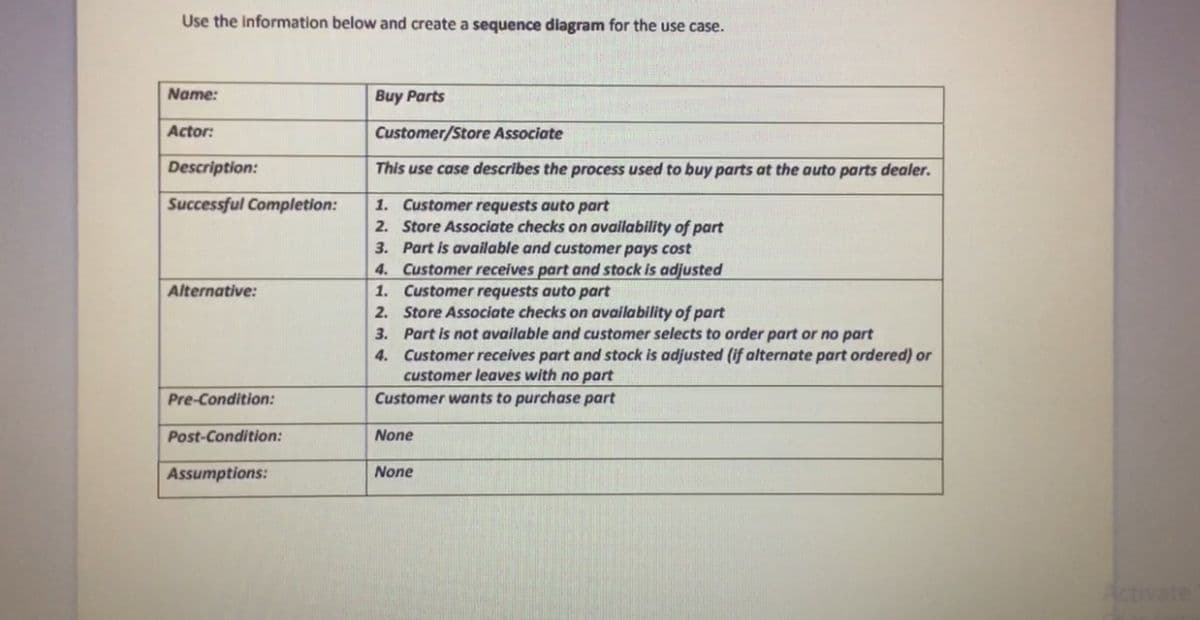 Use the Information below and create a sequence diagram for the use case.
Name:
Buy Parts
Actor:
Customer/Store Associate
Description:
This use case describes the process used to buy parts at the auto parts dealer.
Successful Completion:
1. Customer requests auto part
2. Store Associate checks on availability of part
3. Part is available and customer pays cost
4. Customer receives part and stock is adjusted
1. Customer requests auto part
2. Store Associate checks on availability of part
3. Part is not available and customer selects to order part or no part
4. Customer receives part and stock is adjusted (if alternate part ordered) or
customer leaves with no part
Alternative:
Pre-Condition:
Customer wants to purchase part
Post-Condition:
None
Assumptions:
None
