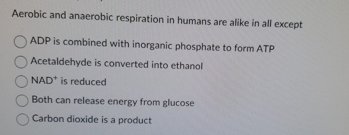 Aerobic and anaerobic respiration in humans are alike in all except
ADP is combined with inorganic phosphate to form ATP
Acetaldehyde is converted into ethanol
NAD+ is reduced
Both can release energy from glucose
Carbon dioxide is a product