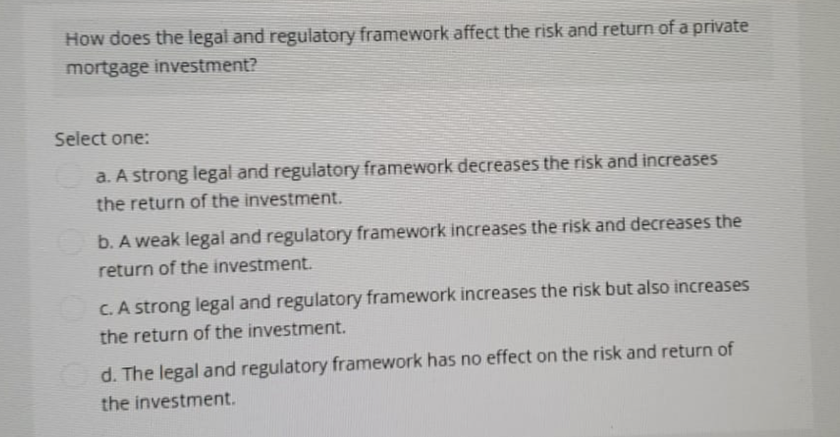 How does the legal and regulatory framework affect the risk and return of a private
mortgage investment?
Select one:
a. A strong legal and regulatory framework decreases the risk and increases
the return of the investment.
b. A weak legal and regulatory framework increases the risk and decreases the
return of the investment.
c. A strong legal and regulatory framework increases the risk but also increases
the return of the investment.
d. The legal and regulatory framework has no effect on the risk and return of
the investment.