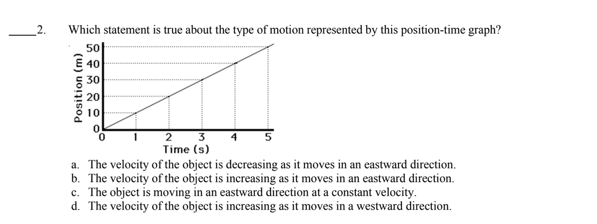 Which statement is true about the type of motion represented by this position-time graph?
50
€ 40
30
Position (m)
20
10
0
1
2 3
Time (s)
4
5
a. The velocity of the object is decreasing as it moves in an eastward direction.
b. The velocity of the object is increasing as it moves in an eastward direction.
c. The object is moving in an eastward direction at a constant velocity.
d. The velocity of the object is increasing as it moves in a westward direction.