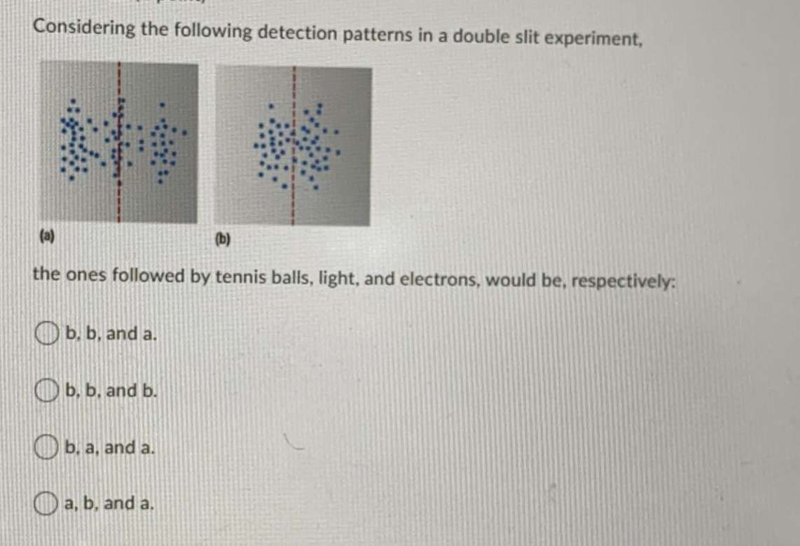 Considering the following detection patterns in a double slit experiment,
(a)
(b)
the ones followed by tennis balls, light, and electrons, would be, respectively:
b. b, and a.
O b, b, and b.
O b, a, and a.
O a, b, and a.
