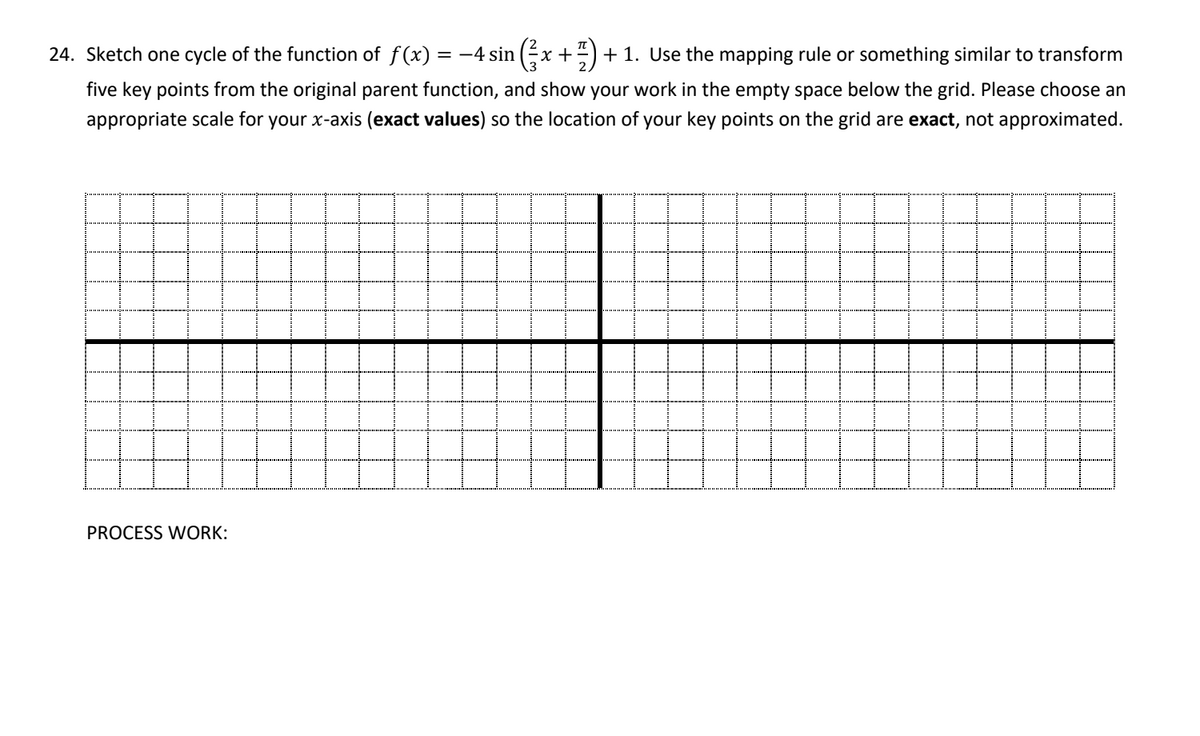 = -4 sin (x+1)+ 1. Use the mapping rule or something similar to transform
24. Sketch one cycle of the function of f(x)
five key points from the original parent function, and show your work in the empty space below the grid. Please choose an
appropriate scale for your x-axis (exact values) so the location of your key points on the grid are exact, not approximated.
PROCESS WORK: