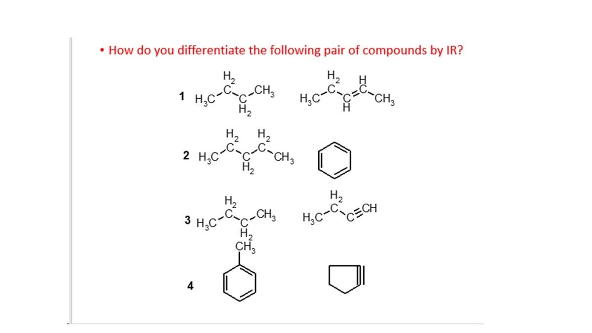• How do you differentiate the following pair of compounds by IR?
H,
H2
H
H,c-Cc-CH,
H2
1
H;C
CH3
H2
H2
-CH3
H2
2 H,C
H2
H2
H,c-Cc-CH,
H2
H,c-CCECH
H;C
4
