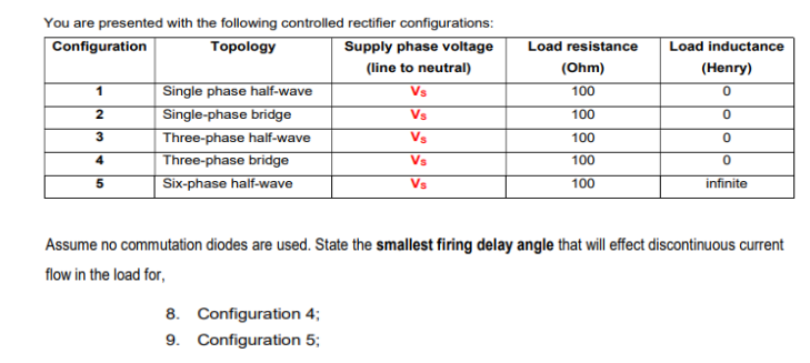 You are presented with the following controlled rectifier configurations:
Configuration
Topology
Supply phase voltage
Load resistance
Load inductance
(line to neutral)
(Ohm)
(Henry)
Single phase half-wave
Single-phase bridge
Three-phase half-wave
Three-phase bridge
Six-phase half-wave
1
Vs
100
Vs
100
3
Vs
100
4
Vs
100
Vs
100
infinite
Assume no commutation diodes are used. State the smallest firing delay angle that will effect discontinuous current
flow in the load for,
8. Configuration 4;
9. Configuration 5;
