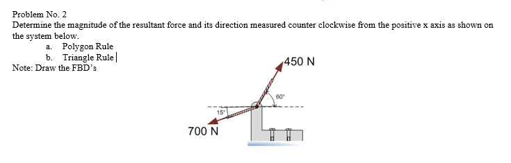 Problem No. 2
Determine the magnitude of the resultant force and its direction measured counter clockwise from the positive x axis as shown on
the system below.
a. Polygon Rule
b. Triangle Rule|
Note: Draw the FBD's
450 N
60
15
700 N
