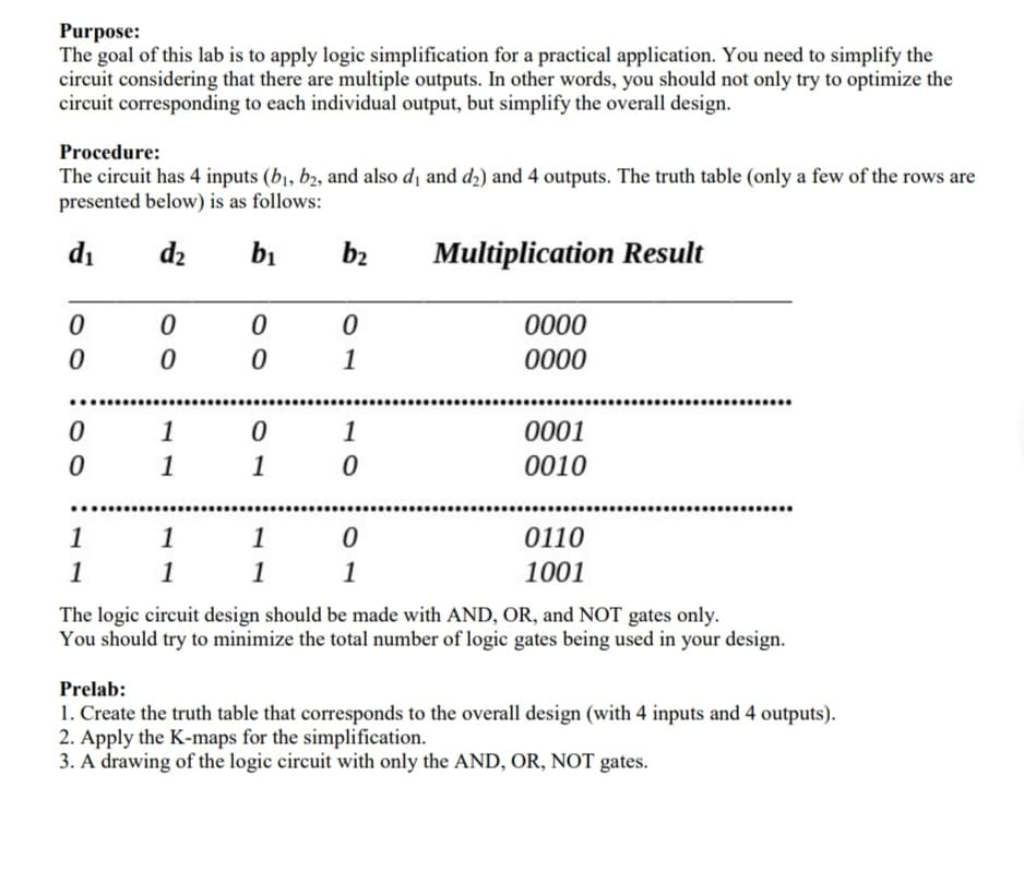 Purpose:
The goal of this lab is to apply logic simplification for a practical application. You need to simplify the
circuit considering that there are multiple outputs. In other words, you should not only try to optimize the
circuit corresponding to each individual output, but simplify the overall design.
Procedure:
The circuit has 4 inputs (b₁,b2, and also di and d₂) and 4 outputs. The truth table (only a few of the rows are
presented below) is as follows:
d₁
d₂
b₁
Multiplication Result
0
0
0
0
1
1
0
0
1
1
1
1
0
0
0
1
1
1
b₂
0
1
1
0
0
1
0000
0000
0001
0010
0110
1001
The logic circuit design should be made with AND, OR, and NOT gates only.
You should try to minimize the total number of logic gates being used in your design.
Prelab:
1. Create the truth table that corresponds to the overall design (with 4 inputs and 4 outputs).
2. Apply the K-maps for the simplification.
3. A drawing of the logic circuit with only the AND, OR, NOT gates.