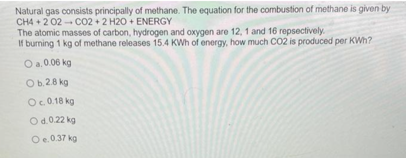 Natural gas consists principally of methane. The equation for the combustion of methane is given by
CH4+2 02 CO2 + 2 H2O + ENERGY
The atomic masses of carbon, hydrogen and oxygen are 12, 1 and 16 repsectively.
If burning 1 kg of methane releases 15.4 KWh of energy, how much CO2 is produced per KWh?
O a. 0.06 kg
O b.2.8 kg
O c. 0.18 kg
O d. 0.22 kg
O e. 0.37 kg