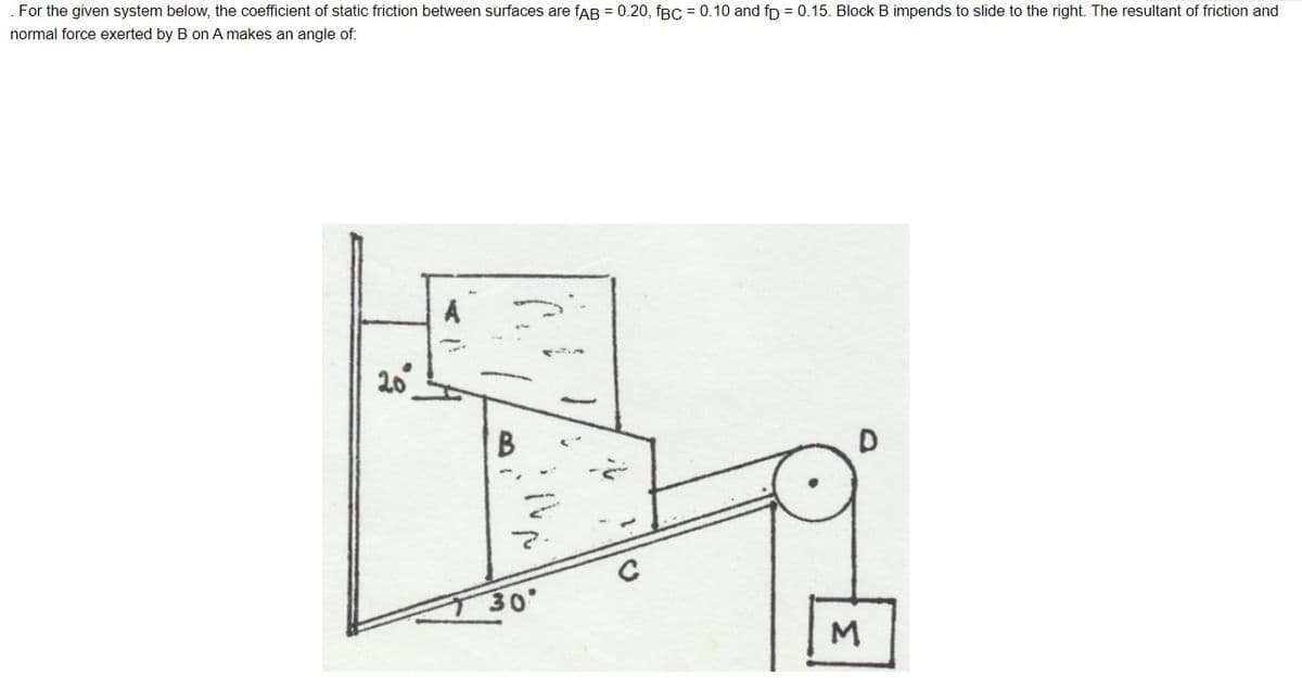 For the given system below, the coefficient of static friction between surfaces are fAB = 0.20, fBC = 0.10 and fp = 0.15. Block B impends to slide to the right. The resultant of friction and
normal force exerted by B on A makes an angle of:
A
20
30
M
