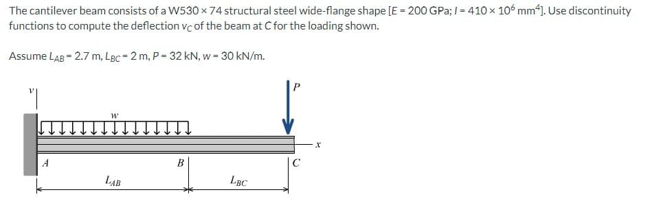 The cantilever beam consists of a W530 x 74 structural steel wide-flange shape [E = 200 GPa; I = 410 x 106 mm*]. Use discontinuity
functions to compute the deflection vc of the beam at C for the loading shown.
Assume LAB = 2.7 m, LBc = 2 m, P = 32 kN, w = 30 kN/m.
A
B
C
LAB
LBC
