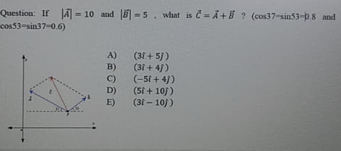 Question: If JÃ = 10 and B| = 5 , what is C = Ã+B ? (cos37-sin53=p.8 and
cos53=sin37=0.6)
%3D
%3D
(3t +5f)
B)
A)
(3t+ 45)
(-5i + 4f)
(5t+ 10f)
(31- 10f)
C)
D)
E)
