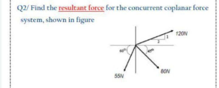 Q2/ Find the resultant force for the concurrent coplanar force
system, shown in figure
60°
K
80N
55N
120N