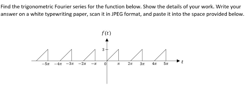 Find the trigonometric Fourier series for the function below. Show the details of your work. Write your
answer on a white typewriting paper, scan it in JPEG format, and paste it into the space provided below.
f(t)
3
saahaa.
-4 -3
t