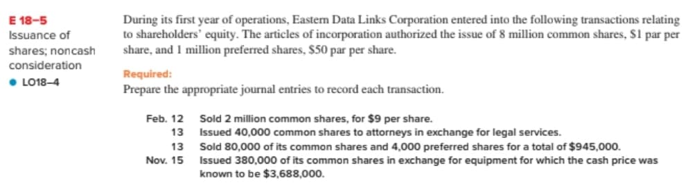 During its first year of operations, Easten Data Links Corporation entered into the following transactions relating
to shareholders' equity. The articles of incorporation authorized the issue of 8 million common shares, S1 par per
share, and 1 million preferred shares, $50 par per share.
E 18-5
Issuance of
shares; noncash
consideration
Required:
• LO18-4
Prepare the appropriate journal entries to record each transaction.
Sold 2 million common shares, for $9 per share.
Issued 40,0000 common shares to attorneys in exchange for legal services.
Sold 80,000 of its common shares and 4,000 preferred shares for a total of $945,000.
Issued 380,000 of its common shares in exchange for equipment for which the cash price was
known to be $3,688,000.
Feb. 12
13
13
Nov. 15
