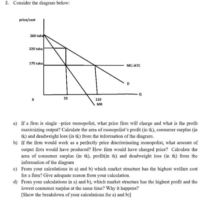 2. Consider the diagram below:
price/cost
260 taka
220 taka
175 taka
MC=ATC
55
110
MR
a) If a firm is single -price monopolist, what price firm will charge and what is the profit
maximizing output? Calculate the area of monopolist's profit (in tk), consumer surplus (in
tk) and deadweight loss (in tk) from the information of the diagram.
b) If the firm would work as a perfectly price discriminating monopolist, what amount of
output firm would have produced? How firm would have charged price? Calculate the
area of consumer surplus (in tk), profit(in tk) and deadweight loss (in tk) from the
information of the diagram
c) From your calculations in a) and b) which market structure has the highest welfare cost
for a firm? Give adequate reason from your calculation.
d) From your calculations in a) and b), which market structure has the highest profit and the
lowest consumer surplus at the same time? Why it happens?
[Show the breakdown of your calculations for a) and b)]
