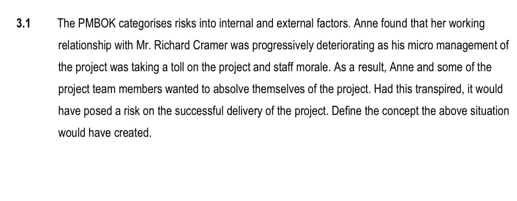 3.1
The PMBOK categorises risks into internal and external factors. Anne found that her working
relationship with Mr. Richard Cramer was progressively deteriorating as his micro management of
the project was taking a toll on the project and staff morale. As a result, Anne and some of the
project team members wanted to absolve themselves of the project. Had this transpired, it would
have posed a risk on the successful delivery of the project. Define the concept the above situation
would have created.
