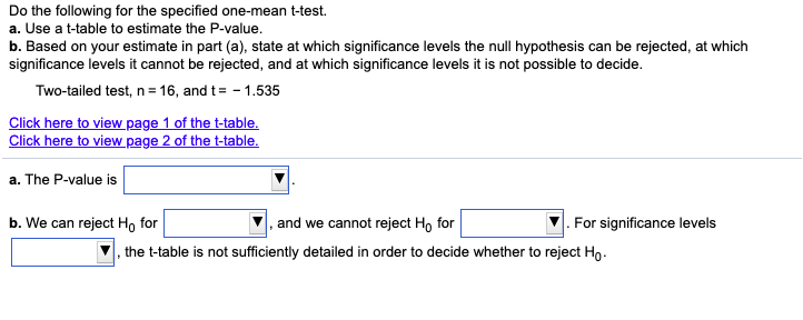 Do the following for the specified one-mean t-test.
a. Use a t-table to estimate the P-value.
b. Based on your estimate in part (a), state at which significance levels the null hypothesis can be rejected, at which
significance levels it cannot be rejected, and at which significance levels it is not possible to decide.
Two-tailed test, n= 16, and t= - 1.535
Click here to view page 1 of the t-table.
Click here to view page 2 of the t-table.
a. The P-value is
b. We can reject Họ for
and we cannot reject Ho for
For significance levels
the t-table is not sufficiently detailed in order to decide whether to reject Ho.
