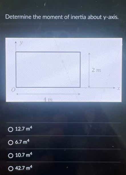 Determine the moment of inertia about y-axis.
O 12.7 m²
O 6.7 m4
O 10.7 m4
O 42.7 m4
4 m
2 m