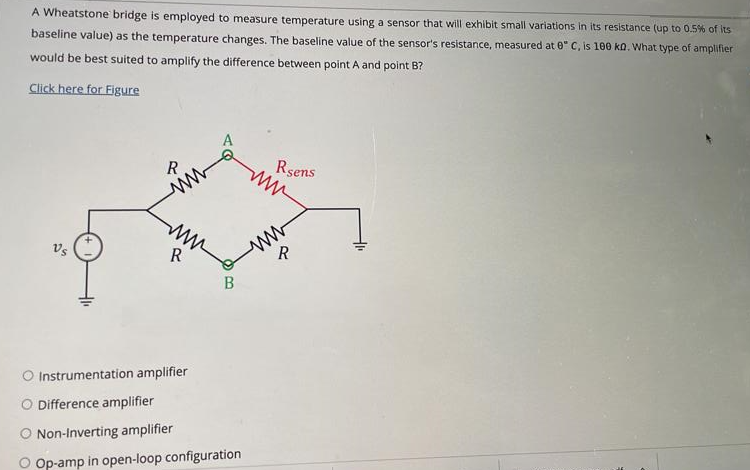 0.5% of its
A Wheatstone bridge is employed to measure temperature using a sensor that will exhibit small variations in its resistance (up to
baseline value) as the temperature changes. The baseline value of the sensor's resistance, measured at 0" C, is 100 ko. What type of amplifier
would be best suited to amplify the difference between point A and point B?
Click here for Figure
Vs
R
www
R
Instrumentation amplifier
B
O Difference amplifier
O Non-Inverting amplifier
O Op-amp in open-loop configuration
Rsens
ww
R