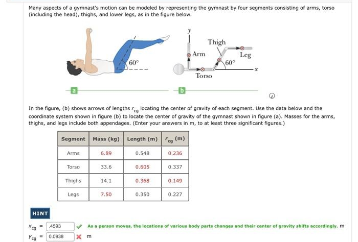 Many aspects of a gymnast's motion can be modeled by representing the gymnast by four segments consisting of arms, torso
(including the head), thighs, and lower legs, as in the figure below.
Thigh
JE
Arm
Leg
60°
60°
Torso
In the figure, (b) shows arrows of lengths reg locating the center of gravity of each segment. Use the data below and the
coordinate system shown in figure (b) to locate the center of gravity of the gymnast shown in figure (a). Masses for the arms,
thighs, and legs include both appendages. (Enter your answers in m, to at least three significant figures.)
Segment Mass (kg) Length (m) Fcg (m)
Arms
6.89
0.548
0.236
Torso
33.6
0.605
0.337
Thighs
14.1
0.368
0.149
Legs
7.50
0.350
0.227
As a person moves, the locations of various body parts changes and their center of gravity shifts accordingly. m
x m
HINT
xc9
Ycg
4593
0.0938