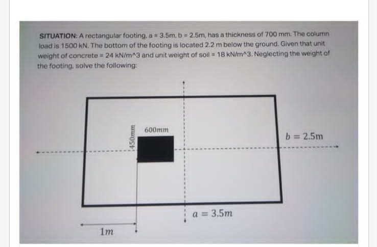 SITUATION: A rectangular footing, a = 3.5m, b = 2.5m, has a thickness of 700 mm. The column
load is 1500 kN. The bottom of the footing is located 2.2 m below the ground. Given that unit
weight of concrete = 24 kN/m^3 and unit weight of soil = 18 kN/m^3. Neglecting the weight of
the footing, solve the following
600mm
b = 2.5m
%3D
a = 3.5m
1m
450mm
