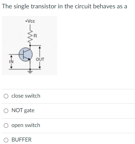 The single transistor in the circuit behaves as a
+Vcc
OUT
O close switch
O NOT gate
O open switch
O BUFFER