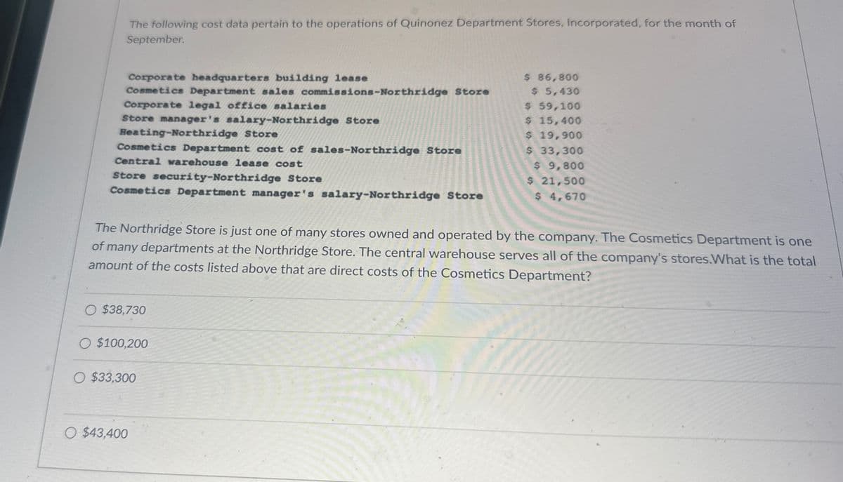 The following cost data pertain to the operations of Quinonez Department Stores, Incorporated, for the month of
September.
Corporate headquarters building lease
$ 86,800
Cosmetics Department sales commissions-Northridge Store
Corporate legal office salaries
$ 5,430
$ 59,100
$ 15,400
Store manager's salary-Northridge Store
Heating-Northridge Store
Cosmetics Department cost of sales-Northridge Store
Central warehouse lease cost
Store security-Northridge Store
Cosmetics Department manager's salary-Northridge Store
$ 19,900
$ 33,300
$ 9,800
$ 21,500
$ 4,670
The Northridge Store is just one of many stores owned and operated by the company. The Cosmetics Department is one
of many departments at the Northridge Store. The central warehouse serves all of the company's stores.What is the total
amount of the costs listed above that are direct costs of the Cosmetics Department?
O $38,730
O $100,200
O $33,300
O $43,400