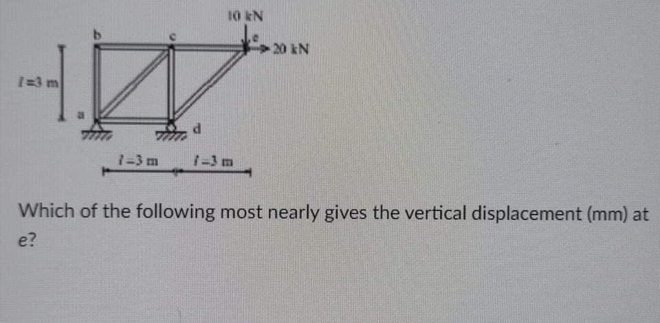 10 kN
0 kN
1=3 m
1-3m
1-3m
Which of the following most nearly gives the vertical displacement (mm) at
e?
