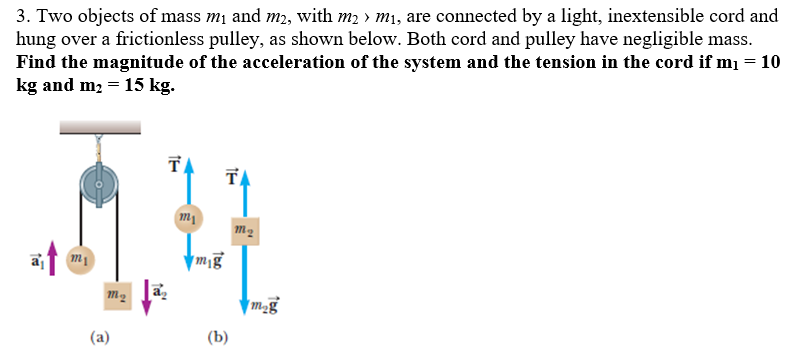 3. Two objects of mass m₁ and m2, with m₂ › m₁, are connected by a light, inextensible cord and
hung over a frictionless pulley, as shown below. Both cord and pulley have negligible mass.
Find the magnitude of the acceleration of the system and the tension in the cord if m₁ = 10
kg and m₂ = 15 kg.
m₁
m₂
(a)
a
T
m₁
| m
tho
T
(b)
m₂
mag